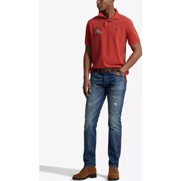 Polo Ralph Lauren Classic Fit Flag Mesh Polo Shirt Evening Post, Red Orange XL - Picture 3 of 7